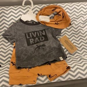 Brand new 3-6 month livin rad shirt, bib & shorts.